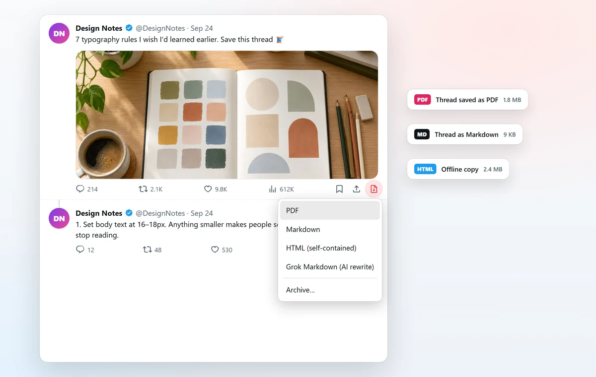 The red PDF icon on a Twitter thread with the export menu open: PDF, Markdown, HTML, Grok Markdown and Archive